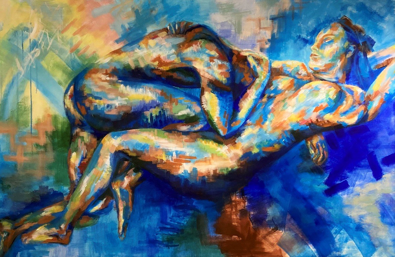 Expressionistisk maleri af to mennesker liggende i en omfavning.