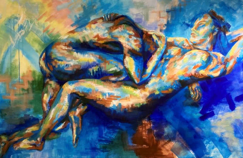 Expressionistisk maleri af to mennesker liggende i en omfavning.