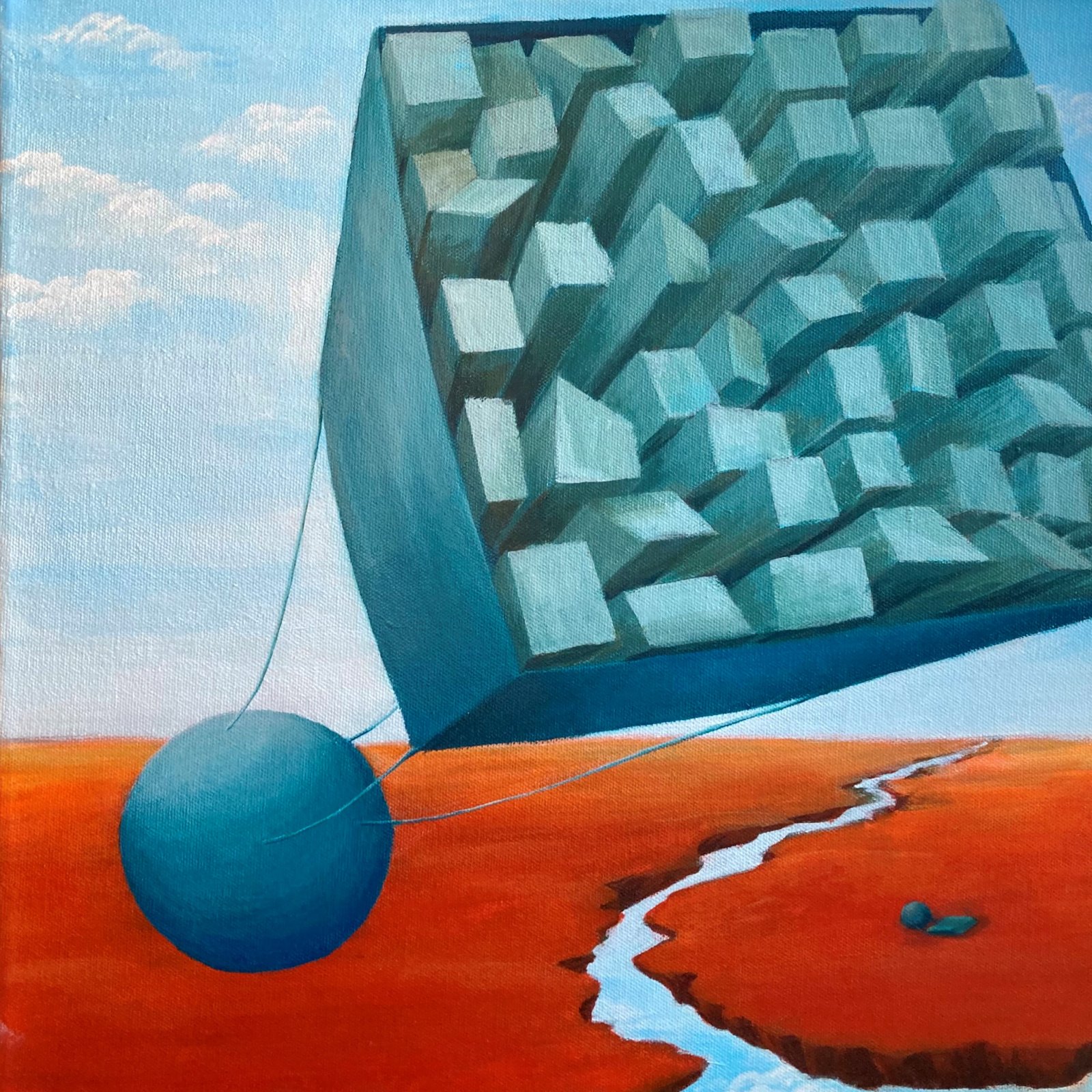 Surrealistisk maleri af en kugle med en firkant tilkoblet.