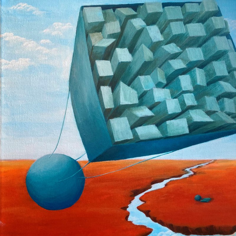 Surrealistisk maleri af en kugle med en firkant tilkoblet.